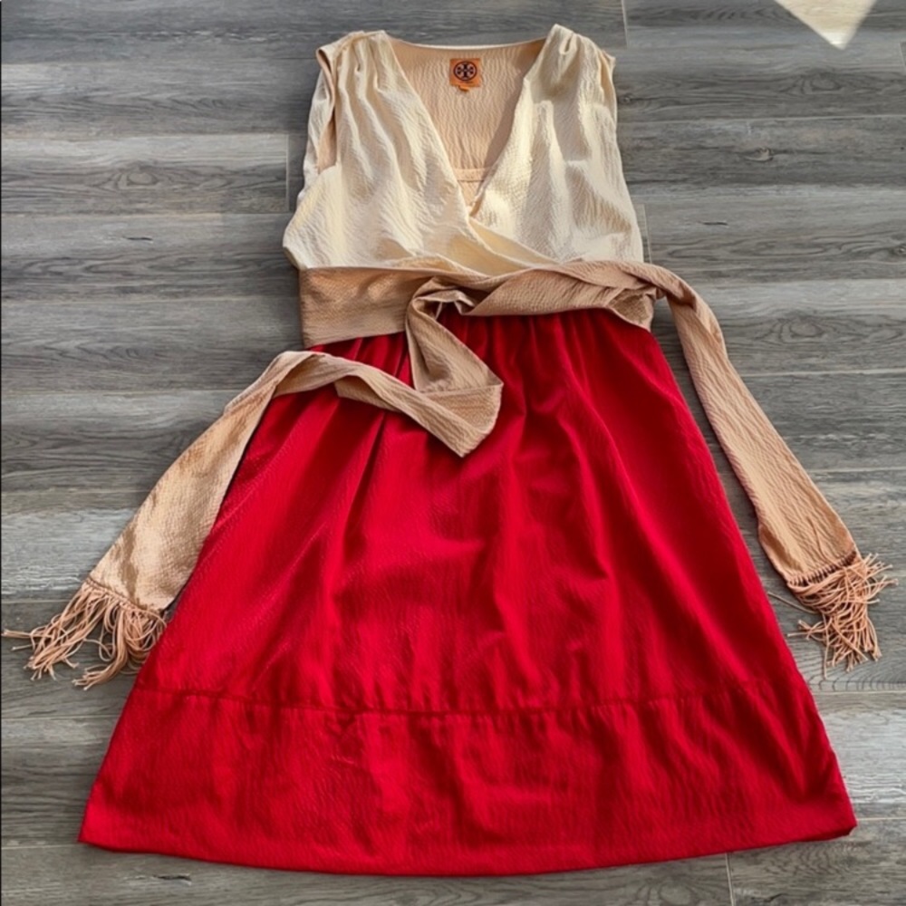 Tory Burch Red Gold Silk Midi Dress (Size 6)